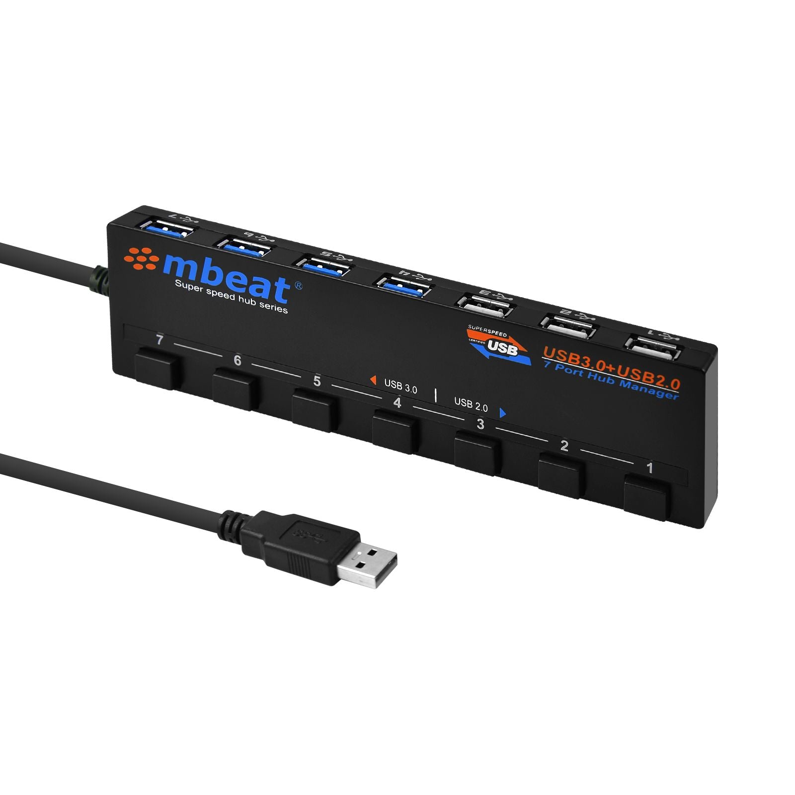 mbeat 7-Port USB 3.0 & USB 2.0 Powered Hub Manager with Switches - 4x USB 3.0 with 5Gbps/3x USB 2.0 with 2.4Ghz(480Mbps)/Super Fast Hub Weight: 129g mbeat 7-Port USB 3.0 & USB 2.0 Powered Hub Manager with Switches - 4x USB 3.0 with 5Gbps/3x USB 2.0 with 2.4Ghz(480Mbps)/Super Fast Hub Weight: 129g